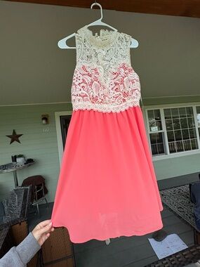 Hot & Delicious Coral Pink Dress with Ivory Lace Bodice